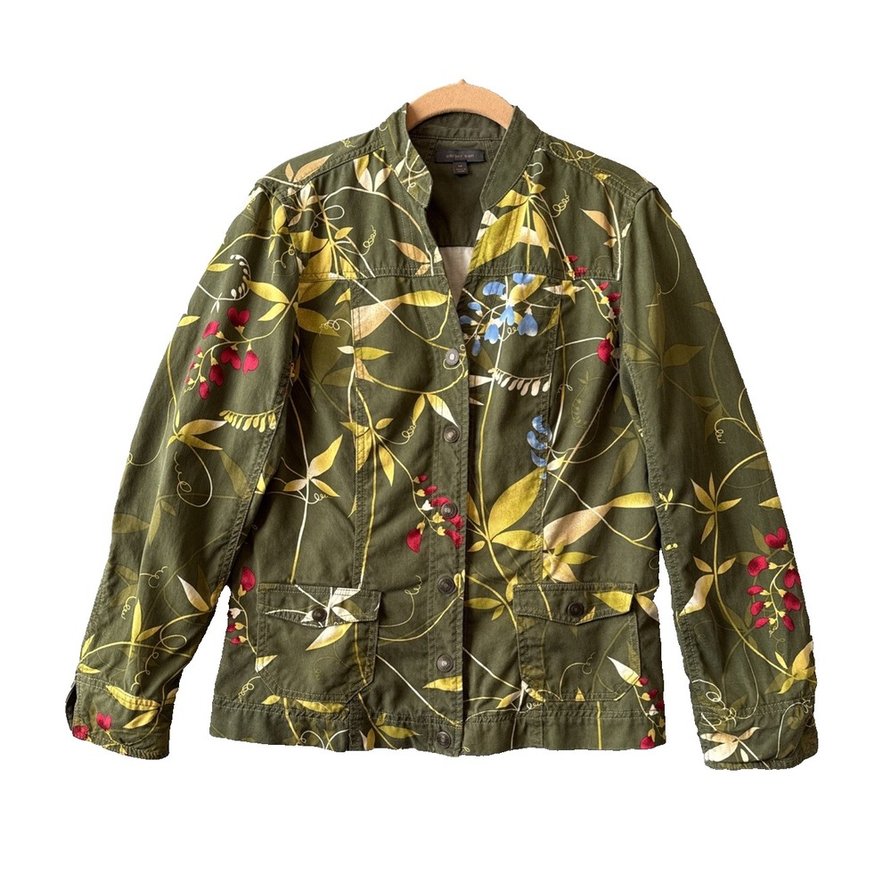 Amber Sun Olive Green Floral Tencel Cotton Utility Chore Jacket M Boho Cottage